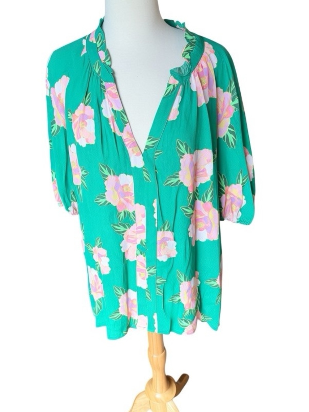CeCe Plus Size Emerald Green and Pink Floral Blouse, 2X
